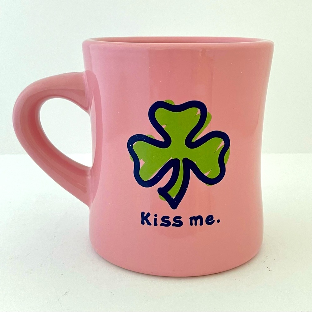 Life is Good Coffee Tea Pink Mug Green Shamrock St Patrick’s Day